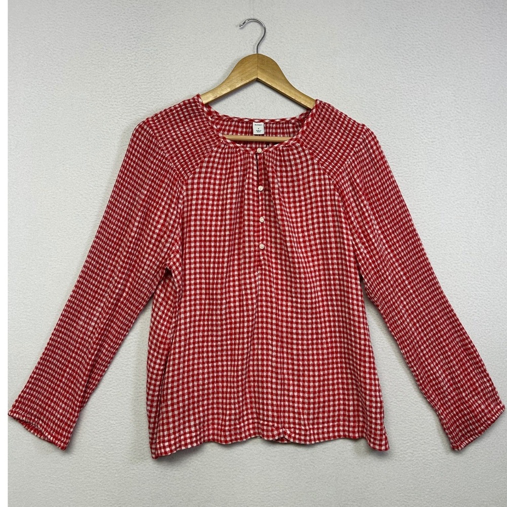 Cottagecore Picnic Old Navy Womens Small Red Gingham Plaid Button Peasant Blouse